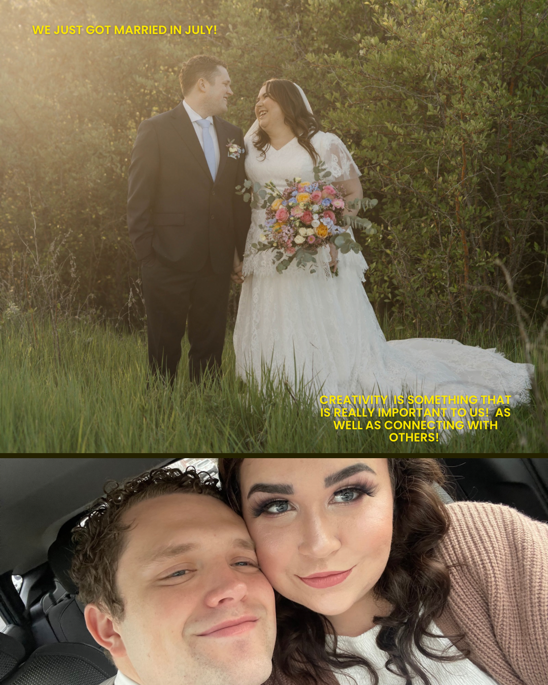 Newlywed couple laughing together at golden hour